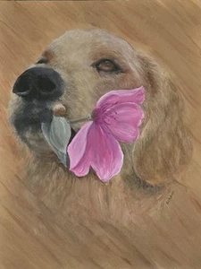 Golden Retriever Dog Acrylic Painting Entitled A Flower For You 9x12 - Picture 1 of 2