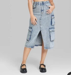Women's Wild Fable Denim Midi Cargo Skirt Denim Wash Size XXS Grunge - Picture 1 of 6