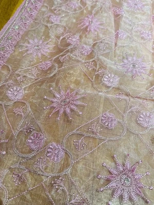 silkly Organza wedding / sari style baby pink drape with flower embroidery  - Image 1 of 4