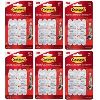 6 Pks 3M Command 6 White General Purpose Mini Hooks & 8 Adhesive Strips Per Pack