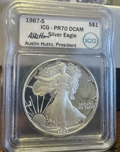 1987 S ICG Proof 70 DCAM ~ American Silver Eagle Signed By ICG Pres Austin Hutto - Picture 1 of 4