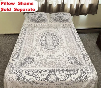 Somerset Rose Queen Lace Fringe Coverlet White Cotton Blend 94" x 96" Bedspread - Image 1 of 4