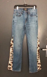 Lucky brand Denim Jeans 28x32 Upcycled Wearable Art Granny Crochet Bell Bottom - Picture 1 of 12