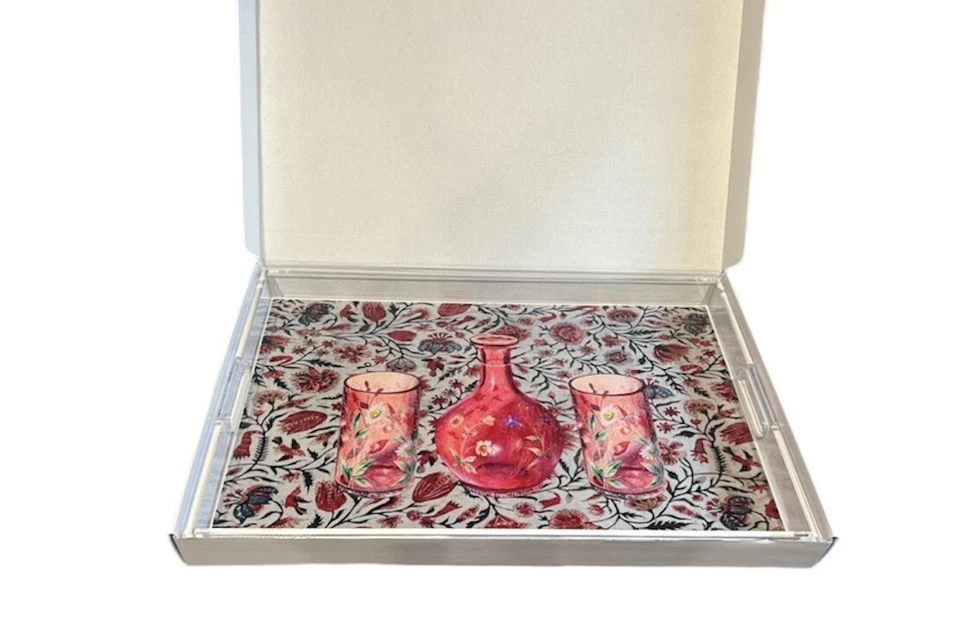 $325 NEW NICOLETTE MAYER COLLECTION Acrylic Tray 22.5”x14.5” Pink Floral Vase - Image 1 of 4