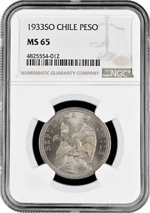 Chile 1 peso 1933, NGC MS65, "Republic of Chile (1899 - 1968)" - Picture 1 of 2