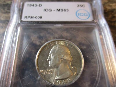 1943-D WASHINGTON SILVER QUARTER RARE RPM-008 ICG MS63      0801 - Image 1 of 4
