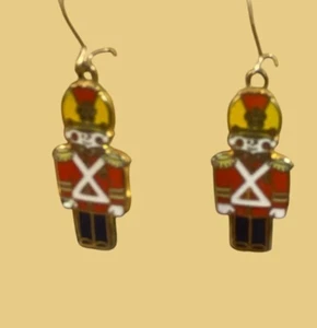 Nutcracker Soldier Enamel Dangle Earrings Gold-Tone Hooks Holiday Themed Jewelry - Picture 1 of 3