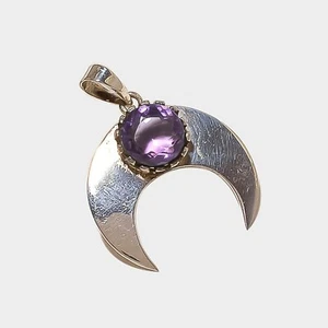 Faceted Amethyst Round Gemstone 925 Sterling Silver Half Moon Jewelry Pendant - Picture 1 of 3