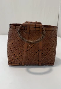 VTG Japanese Split Bamboo Flower Ikebana Basket Hand Woven 2 Handles 10.5x12x6” - Picture 1 of 20
