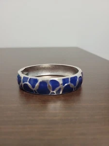 Vintage Silver Tone Blue Giraffe Pattern Enamel Clamper Bracelet Spring Clasp - Picture 1 of 8