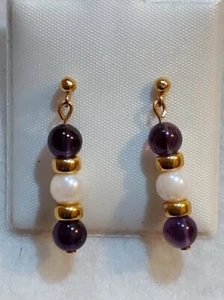 14k Yellow Gold /Purple Amethyst/ Pearls - 1 1/4 in - Dangle Pierced Earrings - Picture 1 of 6