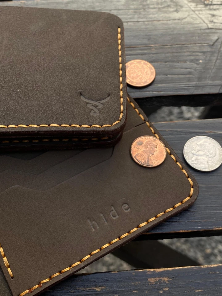 Real Genuine Leather Bifold Wallet Hand Stitched Textured Full Coffee Brown - Image 1 of 4