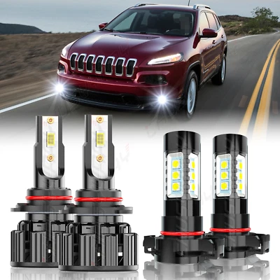 4X LED Headlight High Low Beam + Fog Bulbs 6000K For Jeep Cherokee 2014-2015 - Image 1 of 4