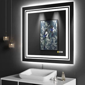 High Lumin XL LED Square Wall Bathroom Mirror With Anti Fog & Dimming 36x36 Inch - Picture 1 of 18