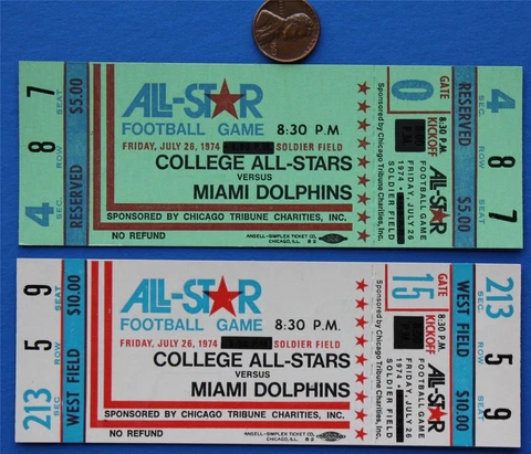 1974 Super Bowl Champions Miami Dolphins Vs.College All-Stars 2 ticket set-NICE! Cover