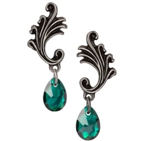 Alchemy Gothic Churchyard Dropper Earrings Ear Studs Green Crystals Pewter E490 - Picture 1 of 2
