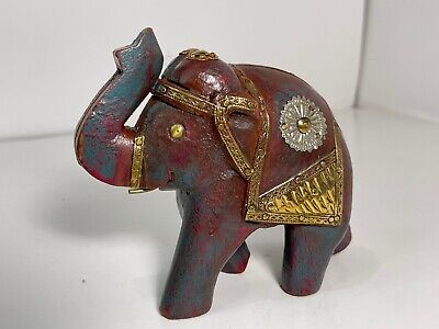 Antique Indian Wooden Elephant Old Handcrafted Brass Fitted  Art 5 1/2  • 50.74$