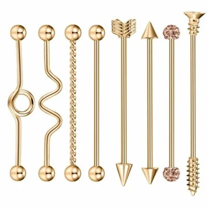 8pcs 14G Industrial Barbell Surgical Steel Cartilage Earrings Piercing Jewelry - Picture 1 of 16