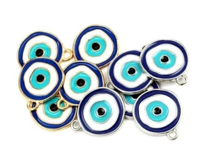 Colgante Turco Esmalte Mal de Ojo Chapado en Oro y Plata Dije Redondo Pluma Buena Suerte - Imagen 1 de 4
