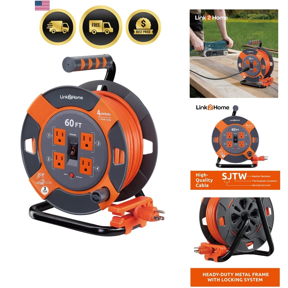 Extension Cord Reel 60 ft Heavy Duty Power Cord Outlets 14 AWG SJTW - Image 1 of 4