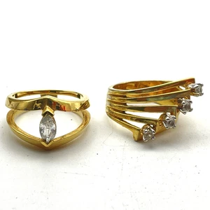 Vintage 1980s Gold Tone Rings Lot of 2 Marquise Solitaire Rhinestone Fan - Picture 1 of 11