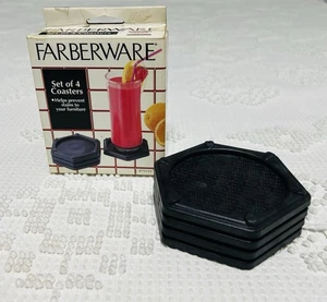 Farberware Coasters Set of 4 #79310 Hexagon Shape Black Vinyl or Plastic - Picture 1 of 5
