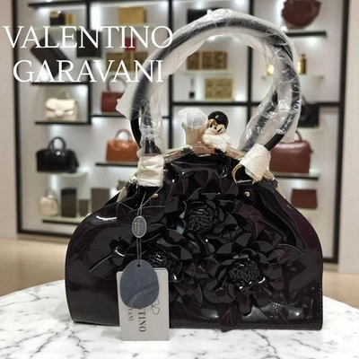 VALENTINO GARAVANI Patent Leather Enamel Floral Applique Kisslock Handbag Black - Image 1 of 4