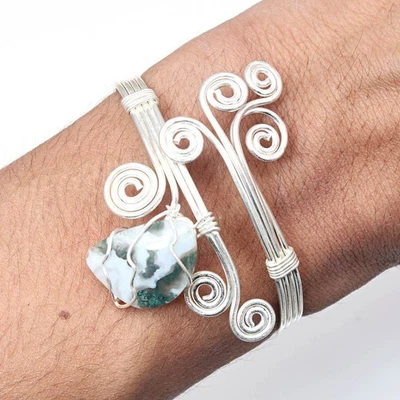 Moss Agate Gemstone Handmade Jewelry Cuff Bracelets 7''Adjustable - Image 1 of 4