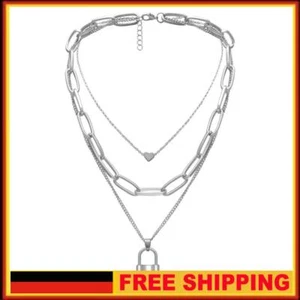 Multilayer-Halskette Liebesherz-Schloss Anh?nger Choker Frauen Schmuck (Silber) - Bild 1 von 6