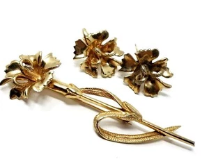 Vintage 1960s Castlecliff Signed Gold Tone Clip-On Flower Earrings & Brooch Pin - Picture 1 of 2