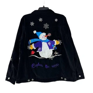 Quacker Factory Womens Christmas Jacket Womens Size L Velvet Embroidered Snowman - Picture 1 of 5