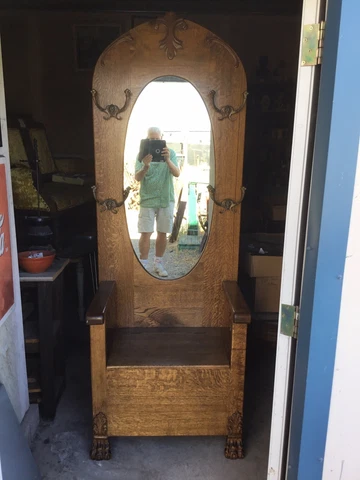 Antique Victorian Golden Oak Hall Tree With Storage and Hooks Claw Feet. WOW! Cover