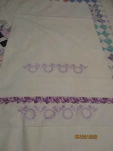 Vintage Pillowcases 2 Embroidered Lavender Crochet Edge Hemstitched - Picture 1 of 7