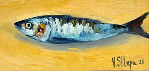 Sardine Original Oil Painting Fish Seafood Art Sardine Still life Kitchen Signed - Picture 1 of 7