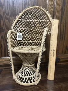 Mini Vtg Peacock Wicker Fan Back Rattan Doll Plant Stand Boho Chic Chair 16.5” - Picture 1 of 3