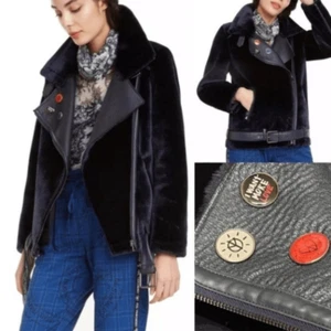 Desigual Oslo Jacket WMNS 8 Blue Faux Fur Leather Biker Moto Aviator Soft - Picture 1 of 13