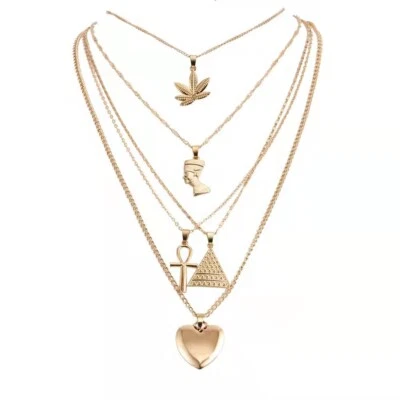 Fashion Women Layered Necklace Heavy Retro Pharaoh Pyramid Cross Love Heart 1666 - Image 1 of 4