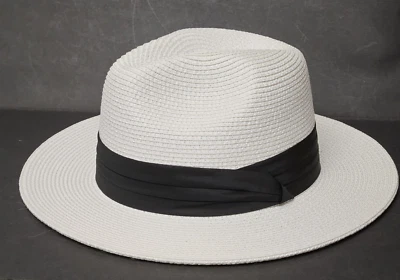 Men Women White Panama Hat Fedora Black Band Wide Brim Floral Summer Adjustable - Image 1 of 4
