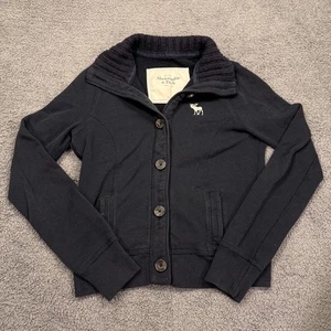 Abercrombie Fitch Y2K Pullover Damen klein marineblau Knopfleiste Schalkragen Elch - Bild 1 von 11