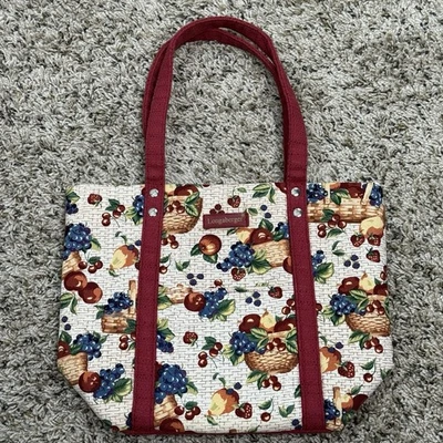 Bolso de Mano Longaberger Frutas y Cestas Tela Cartera Almuerzo Portador Correas Rojas Foto 1 de 4