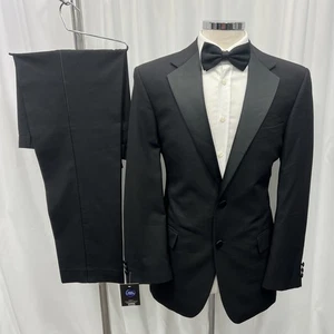 M&S Black Dinner Suit Tuxedo Jacket 40M Trousers 34x31 Machine Washable - Picture 1 of 22