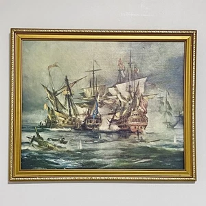 Vintage Chiabert Marine Schlachtschiff auf See Kunstdruck Gemälde auf Karton gerahmt - Bild 1 von 14
