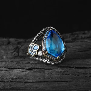 Handmade Pure 925 Silver man ring with Blue Crystal Zoneall sizes 40,000 sold - Picture 1 of 6