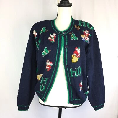 VTG 90s Navy Blue Christmas Embroidered Beaded Med Cardigan Sweater Cotton Santa - Image 1 of 4