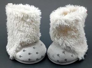 Build a Bear Honey Girls White Boots Sparkle Faux Fur Trim Silver Stars BAB - Picture 1 of 7