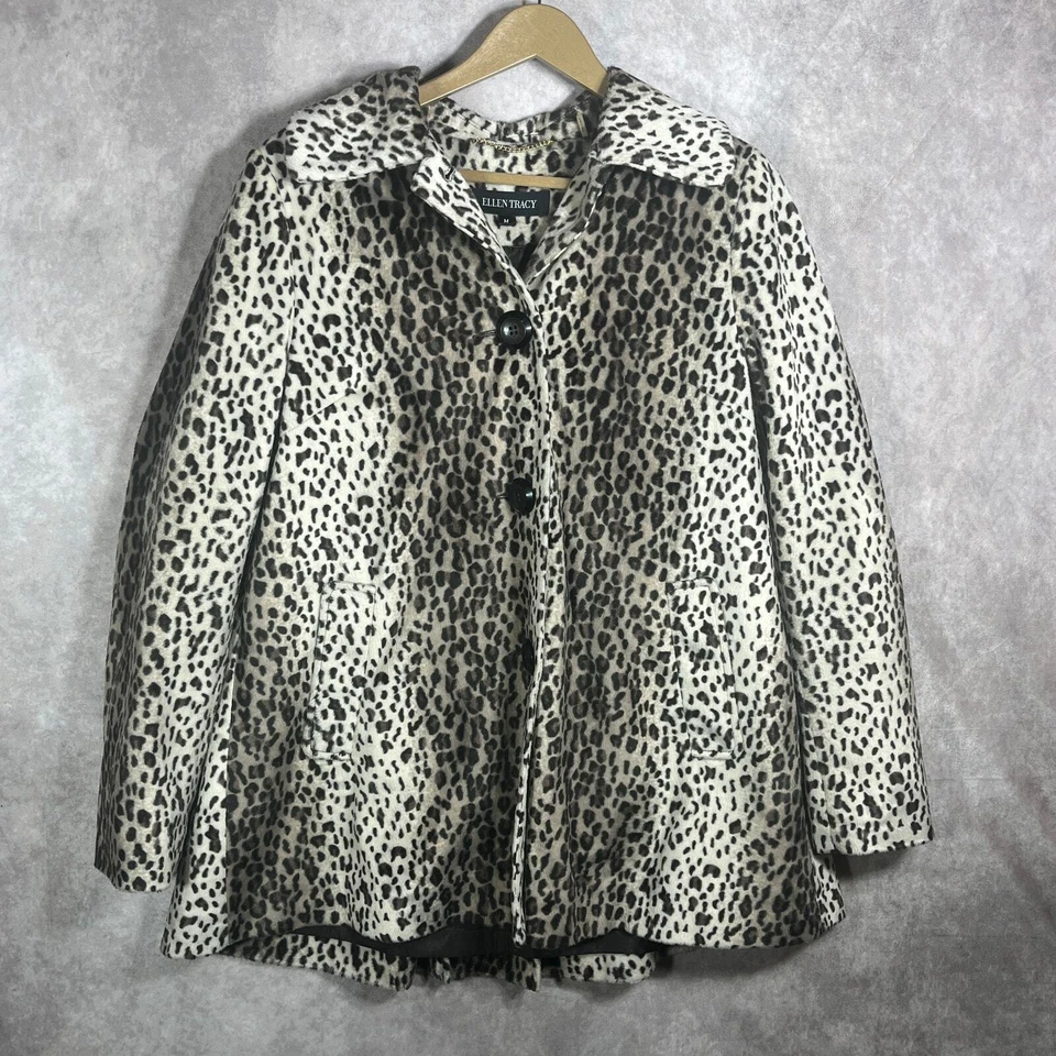 Ellen Tracy Peacoat Womens Medium Beige Leopard Print Faux Fur Button Front  - Image 1 of 4