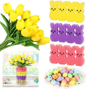 Easter Decorations, 16 Artificial Tulips with 48 Bunnies and a Bag of Eggs Vase - Picture 1 of 12