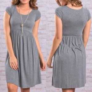 Women's Short Sleeve Loose Tops Grey Casual Home Clothes Round Neck Soft Dress - Picture 1 of 28