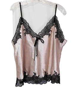 Jones New York rosa Streifen Satin Cami XL schwarz Spitzenbesatz Camisole Coquette - Bild 1 von 4