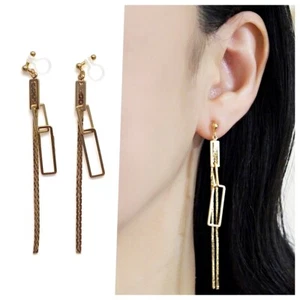 Dangle Gold Chain Invisible Clip On Earrings Non Pierced Hoop Earrings - Picture 1 of 9